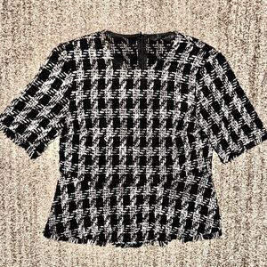 ZARA Women's Houndstooth Tweed Peplum Short Sleeve Knit Blouse Shirt XS